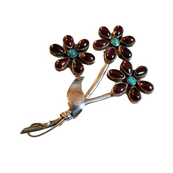 Artisan Brooch Sterling Silver Garnet Turquoise Flower Pin JS14 - Picture 5 of 10